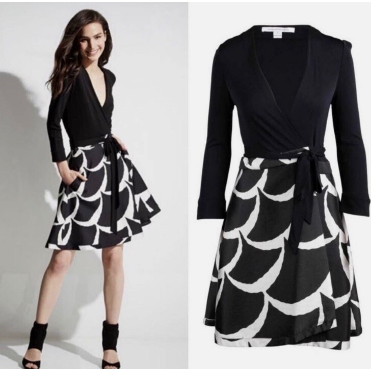 Diane Von Furstenberg Amelia Mixed Media Wrap Dress Black White Scallop Print 14